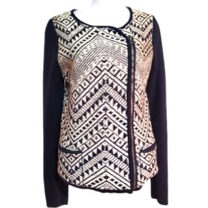 Lucky Brand cotton blend black cream Aztec tribal side zip cardigan sweater M